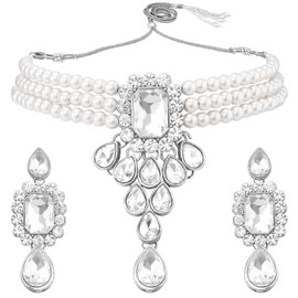 Aheli Crystal Pearl Collar Pendiente Conjunto de joyas tradicionales para mujeres y niñas (blanco)