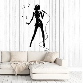Vinyl Wall Decal Karaoke Singer Woman Music Notes Musical Stickers Large Decor (ig4902) Silver Metallic