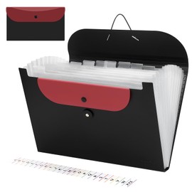 Uquelic A4 Document Folder, Expanding Folder with 13 Compartments, Folder Organiser with Removable A5 Document Folders, Black Plastic File Folder for Office, Home, School, Documents (Red)