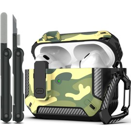 RFUNGUANGO for AirPods Pro 2nd Gen Case with Cleaning Kit, Military Hard Case Protective Armor with Lock, for AirPod Gen 2 Charging Case (2023/2022/2019, 2nd Gen/1st Gen),Rainforest Camouflage