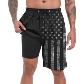 Mens Swim Trunks with Compression Liner, Vintage Black American Flag Mens Bathing Suit Swimming Trunks 9 Inch Inseam Mens Board Shorts Swimwear, 4 Way Stretch Beach Shorts Quick Dry Swimsuits, XL