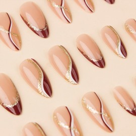 SINHOT Medium Press on Nails Almond Fake Nails White Brown Ombre Acrylic Nails Glossy Glue on Nails Gold Glitter Stiletto Artificial Nails French Tip Stick on False Nails with Design 24 pcs