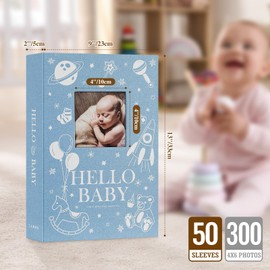 Lanpn Baby Photo Album 4x6 300 Pockets, Linen Newborn Bebe Ultrasound Photo Album with Memo Writing Area, Cover Photo Book, Picture Album for kids, Baby Boy Memory Book Keepsake for Baby Shower Blue