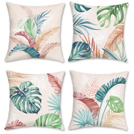 Bonhause Tropical Leaves Throw Pillow Covers 18 x 18 Inch Set of 4 Pink Green Palm Leaf Decorative Pillow Cases Soft Velvet Cushion Covers for Couch Sofa Bed Home Decor