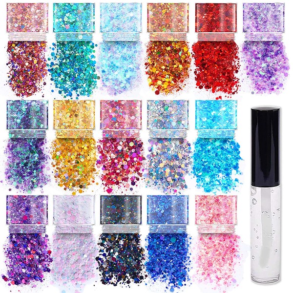 Chunky Cosmetic Holographic Glitter I Body, Face & Hair Safe I 16 pack + 1 glitter primer