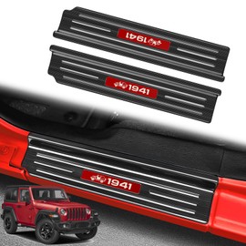 Bercicci 2PCS Door Sill Guards for Jeep 2018-2025 Wrangler JL JLU & 2020-2025 Gladiator JT Accessories Stainless Steel Material Red Trim Door Sill Protector 2-Door Black Brushed Door Entry Guard