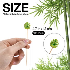 PuTwo Picks 100 Counts 4.7" Bamboo Wooden Decorative Sticks for Appetizers Fancy Cocktail Party-Green Leaf Toothpicks, Palm Leaves