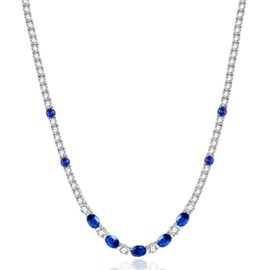 FANCIME Sterling Silver Created Sapphire Tennis Necklace September Birthstone Necklace with 4mm CZ 6 * 8mm Oval Sapphire Gemstone Luxury Jewelry for Women 18"