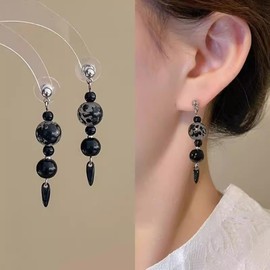 Wendalern Boho Ball Beads Dangle Earrings Ethnic Long Tassel Beaded Earrrings Black Onyx Beads Drop Earrings Chinese Style Round Beads Fringe Earrings Jewelry for Women and Girls