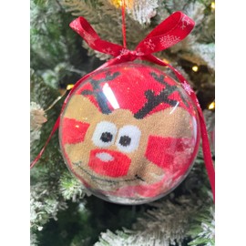 2 Women's or Men's Thermal Socks in Gift Ball, Christmas Bauble Gift Wrapping, Christmas Tree Bauble, 1 x reindeer red + 1 x Santa grey