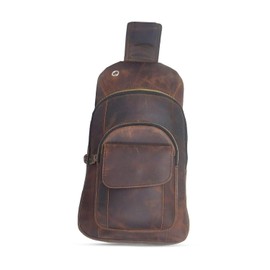 The Tannery Handmade Buffalo Leather Multipurpose Travel Hiking Crossbody Chest Backpack with Adjustable Shoulder Strap, Thanks Giving (Dark Brown, Small)