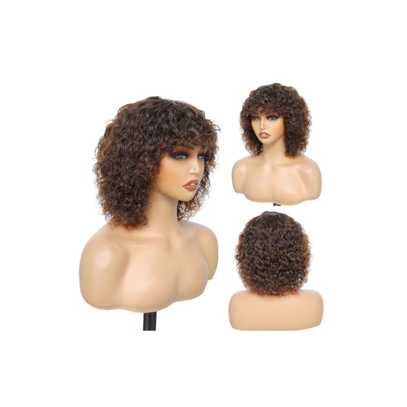 Peluca rizada ombré con flequillo, cabello humano, peluca de cabello