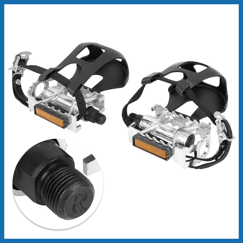 A ABSOPRO Pair Bicycle Pedals with Toe Clip Foot Strap