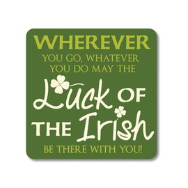Irish Coaster Cork Backed with Luck of the Irish Saying and Shamrock Design