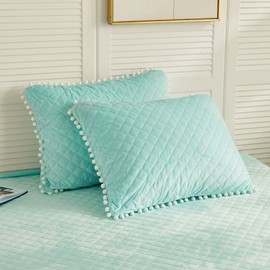 LIFEREVO 2 Pack Diamond Quilted Velvet Bed Pillowcases, Pom Poms Fringe Decorative Throw Pillow Shams Set of 2, Soft Bed Pillow Cases Zipper Closure for Teen's Girls Bedroom (Aqua, Standard/Queen)