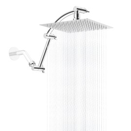 Hibbent All Metal Rain Shower Head, 8'' High Pressure Rainfall Square Showerhead with 16" Shower Head Extension Arm, Solid Brass Adjustable Shower Arm Extender, Waterfall fixed Showerheads, Chrome