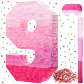 Sratte Number Piñata Pink Piñata Birthday Decorations Gradient with Stick Blindfold Confetti for Girls Boys Birthday Anniversary Party Decorations Supplies(Number 9)