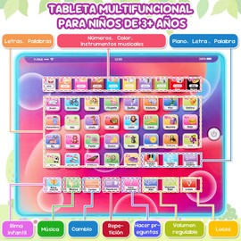 Nasjac Tablet Computadora de Juguete Niños, Tablet Didacticos Español con Pantalla LED, Mini Computadora Juguetes Aprendizaje Niños, Alfabeto Inglés/Palabras/Números/Música, Regalos para Niño Niña 3+