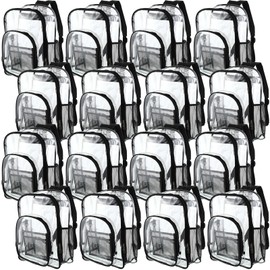 Sanwuta 16 Pcs 17 Inch Clear Backpack Bulk for Students, Heavy Duty PVC Transparent Backpack Stadium Approved Bookbag (Black)