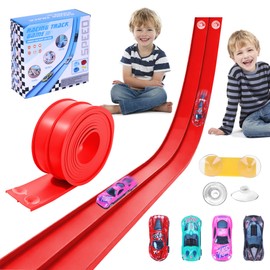 Flexible Race Car Ramp Track for Kids Toy 4 Small Race Cars and 8 Suction Cups Compatible with Hot Wheels and Diecast 1/64th Cars, Rolls Up Portable Racetrack for Ages 3 & Up (Red)