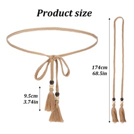 Classicseali 2PCS Rope Belt Women,Vintage Woven Tie Belts for Women, with Tassels and Wooden Beads, Bohemian Belt, for Dresses, Overalls, Skirts, Shorts, Jumpsuits