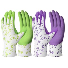 FEIYIDA Gardening Gloves - Breathable Rubber Coated Garden Work Gloves- Outdoor Protective Yard Gloves with Grip Gardening Gifts - (2, green&purple)
