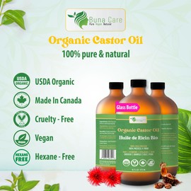 Buna Care Organic Castor Oil, USDA Certified Organic, 100% Pure & Natural, Bottled in Glass, Cold Pressed | For Hair, Skin and Nails - Moisturizes, Softens & Nourishes | Made in Canada, Vegan, Cruelty Free & Hexane free (16 OZ/ 473 ML)