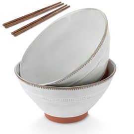 KooK Terracotta Japanese Ramen Bowls, Microwavable, Dishwasher Safe, for Rice, Udon, Soba, Pho, 36 oz, with One Set of Wooden Chopsticks, Perfect For Gifting, Set of 2 (Carbon Grey)