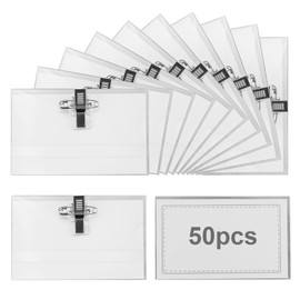 Pack of 50 Name Badges, 90 x 56 mm, Transparent, with Clip and Lapel Pin, Ideal for Clothes, Name Tag Holders for School, Office, Conferences, Business and Events