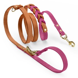 Midog Braided Leather Dog Leash 6.5ft, Adjustable Waist Hands Free Dog Leash for Running and Jogging,Double-Ended Design for Walking 2 Dogs Large,Medium or Small Dogs (Pink, M: 6.5ft x 0.5inch)