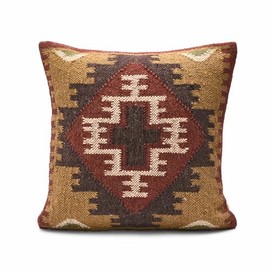 Fabcollectioncrafts Luxurious Indian Kilim Pillow Cover, Square Jute Wool Cushion Case, Rustic Farmhouse Throw Pillow for Home Décor(24x24)