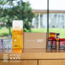 Greyston Bakery & Grace Farms Gift Basket/Box | Brownie, Coffee, Tea Sampler Gift Set | Includes (8) Fresh Brownies, (1) 12oz Ground Coffee, (3) Tea Sachets