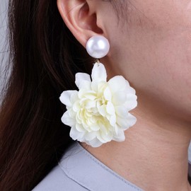 Inateannal Large Fabric Flower Earrings White Flower Dangle Earrings Exaggerated Large Fabric Floral Earrings Statement Pearl Flower Drop Earrings Colourful Flower Earrings Jewellery for Women, Zinc,