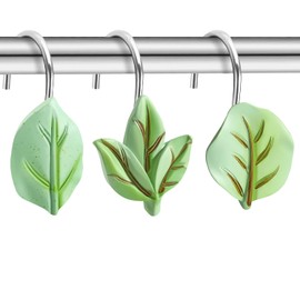 EleCharm 12PCS Leaves Shower Curtain Hooks, Green Plant Leaves Decorative Shower Curtain Rings Rustproof Stainless Steel Shower Hooks Bathroom Decoration Accessories (Leaf A)