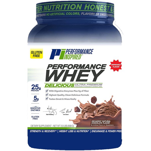 Performance Inspired Nutrition WHEY Protein Powder - All Natural - 25G - Contains BCAAs - Digestive Enzymes - Fiber Packed - Decadent Natural Chocolate – 2 Pounds