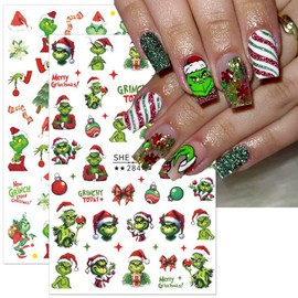 6 Sheets Christmas Nail Art Stickers 3D Christmas Nail Decals Xmas Tree Snowflake Nail Art Designs Winter Nail Stickers Cute Green-Haired Monster Christma Nail Decoration Supplies for Women Girls DIY
