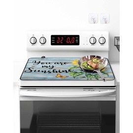 Stove Cover for Electric Cooktops 28.5"x20.5" Non-Slip Foldable Protector Vintage Sunshine Sunflower Butterfly Blue Wood Grain Scratchproof Rubber Mat for All Electric Stove Models
