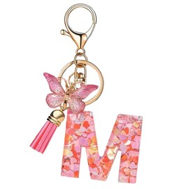 JchEnye Alphabet Keyring, Keyring with Alphabet, Girls Keyring, Women's Butterfly Keyring, Pink Keyring, Alphabet M Keyring, pink