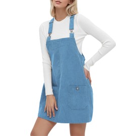 YUENIU Women's Corduroy Overall Dress Adjustable Straps Pinafore Jumper Short Skirt with Pockets Blue