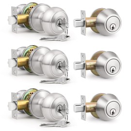 Brotima 3 Pack Keyed Alike Front Door Knob and Deadbolt Set, Entry Door Locksets with Single Cylinder Deadbolt, Satin Nickel Flat Round Door Lock Set for Bedroom/Office/Exterior Doors