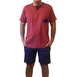 ARTIGIANI DEL PIGIAMA Herren-Schlafanzug für den Sommer, leicht, kurzärmelig, kurze Hose, 100 % Baumwolle, Modell Serafino und Hose mit Taschen, 100 % Made in Italy, Korallenrot, L