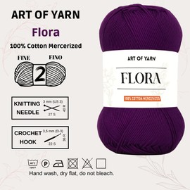 Art of Yarn 100% Cotton Mercerized Yarn Fine, Soft, Fino 2 for Crochet, Knitting, Baby Blankets, and Crafts 50g (1.76 oz), 185 yds, Perfect for Amigurumi Knitting (Eggplant Purple, Pack 1)