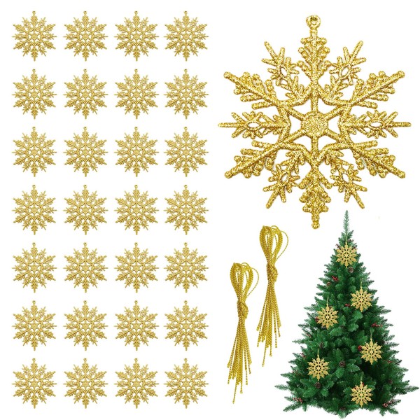 TUONYIS 24 Pcs Christmas Hanging Decorations, 10cm Gold Glitter Snowflake