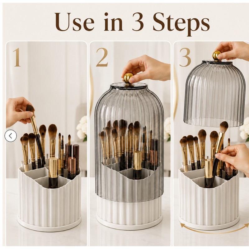 360° Rotating Makeup Brush Holder Organizer with Clear Cover –