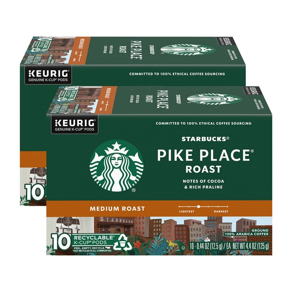 Starbucks Pike Place Roast K-Cup Pods, Medium Roast Ground Coffee K-Cups for Keurig Single Cup Brewing System, 10 Recyclable K-Cup Pods/Pack (Pack of 2)