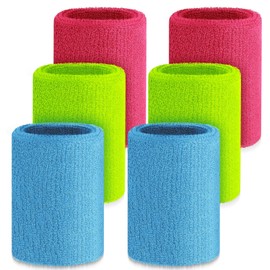 Wettarn 6 Pcs 4 Inch Cotton Sport Wristbands - Tennis, Basketball - Neon Pink, Neon Green, Sky Blue - For Grips, Gymnastics, Workout - Unisex, Athletes, Fitness Enthusiasts