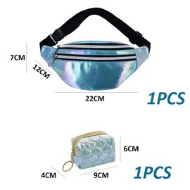 1 Blue Holographic Waist Bag and 1 Mini Purse, Waterproof Laser Waist Bag, Shoulder Bag with Adjustable Belt, Suitable for Outdoor Travel, Shopping, Sports, blue