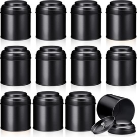 Meanplan 12 Pcs Tea Tin Canister with Airtight Double Lids Round Tin Can Box Small Kitchen Tea Canister Loose Leaf Storage Containers for Loose Bags Coffee Sugar Candy Spices(Black,8 oz)