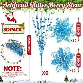 OCTERIC 30 Pcs Glitter Poinsettia Flowers Artificial Berry Stem Branch Christmas Tree Ornaments Christmas Flowers with Clips for for Xmas Party Decorations Wreath Floral Holiday Decor (Blue)
