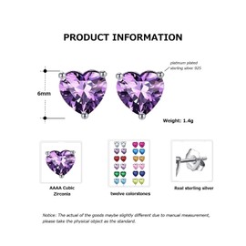 Bellitia Jewelry Birthstone Heart Earrings, Cute, Zirconia, January to December, Earrings, 925 Silver, Women, Stone Cubic Zirconia, Amethyst